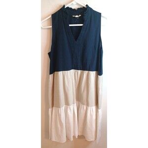 52 Seven Women’s M Linen Blend Color Block  Navy Blue Tan White Tiered Dress